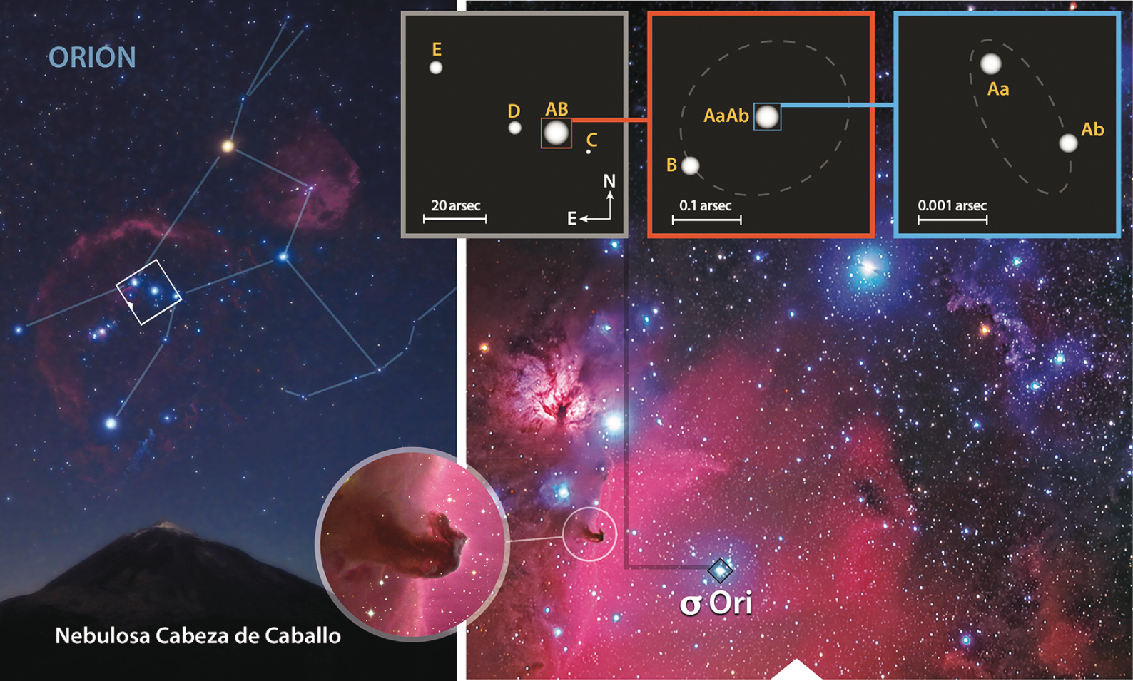 Composición de imágenes que muestra la localización del cúmulo de sigma Orionis, desde la constelación de Orión hasta el sistema triple sigma Ori Aa,Ab,B. Créditos del fotomontaje: Gabriel Pérez (SMM, IAC) y Sergio Simón-Díaz (IAC/ULL), a partir de imágenes de Luis Chinarro (IAC, Orion + Teide), Daniel López / IAC (región del cinturón de Orión), Nigel Sharp (NOAO, NSF, AURA, nebulosa de la Cabeza de Caballo).
