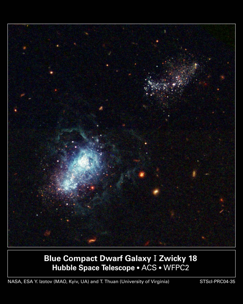 La galaxia IZw18 fotografiada por el telescopio espacial Hubble. Fuente: NASA, ESA, Y. Izotov y T. Thuan. 