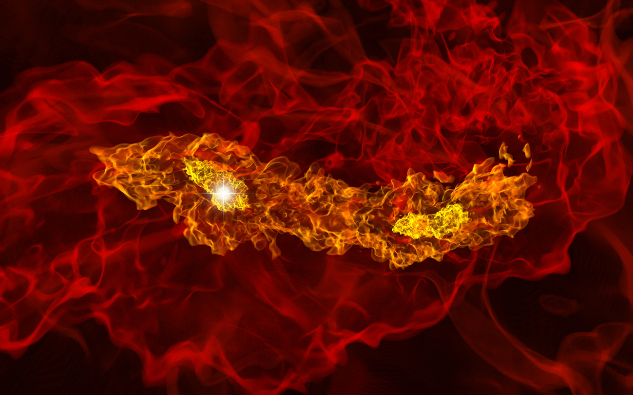 Simulación por ordenador de la formación de dos regiones de alta densidad, dos estrellas, unos 200 millones de años después del Big Bang. Fuente: R. Kaehler, M. Turk y T. Abel (SLAC).