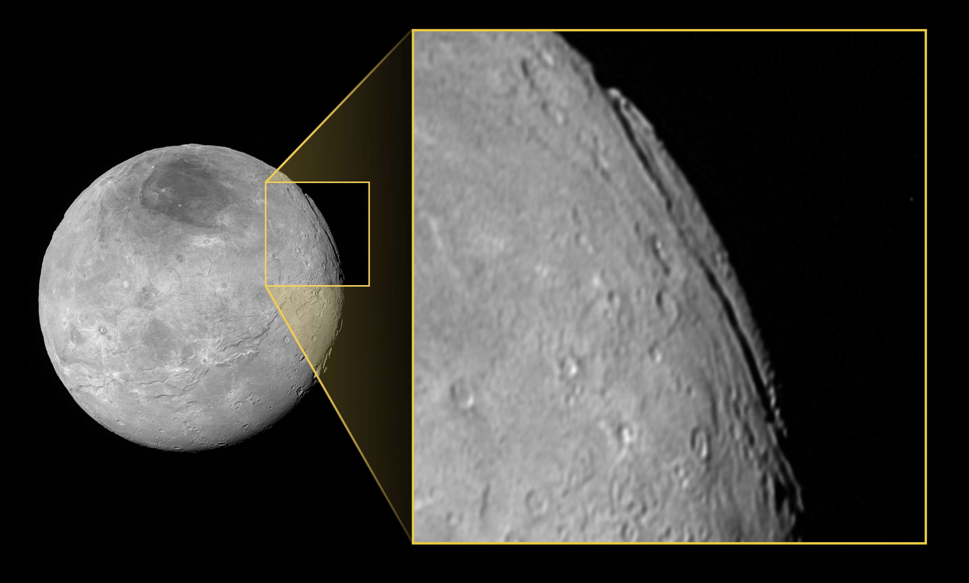 Imagen de Caronte tomada por la misión New Horizons (NASA), donde se destaca el cañón que recorre una región  de unos setecientos kilómetros de largo. 