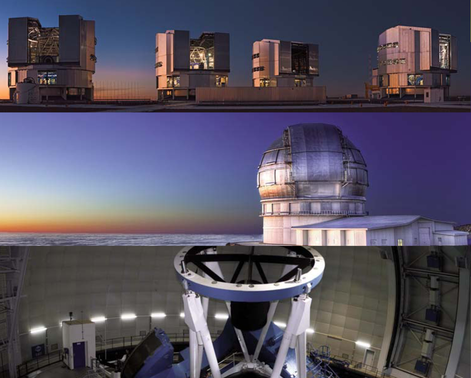 Telescopios empleados en el estudio de los cuásares llevado a cabo en el IAA. El Very Large Telescope (arriba), el Gran Telescopio Canarias (centro) y el telscopio de 3,5 metros del observatorio de Calar Alto.